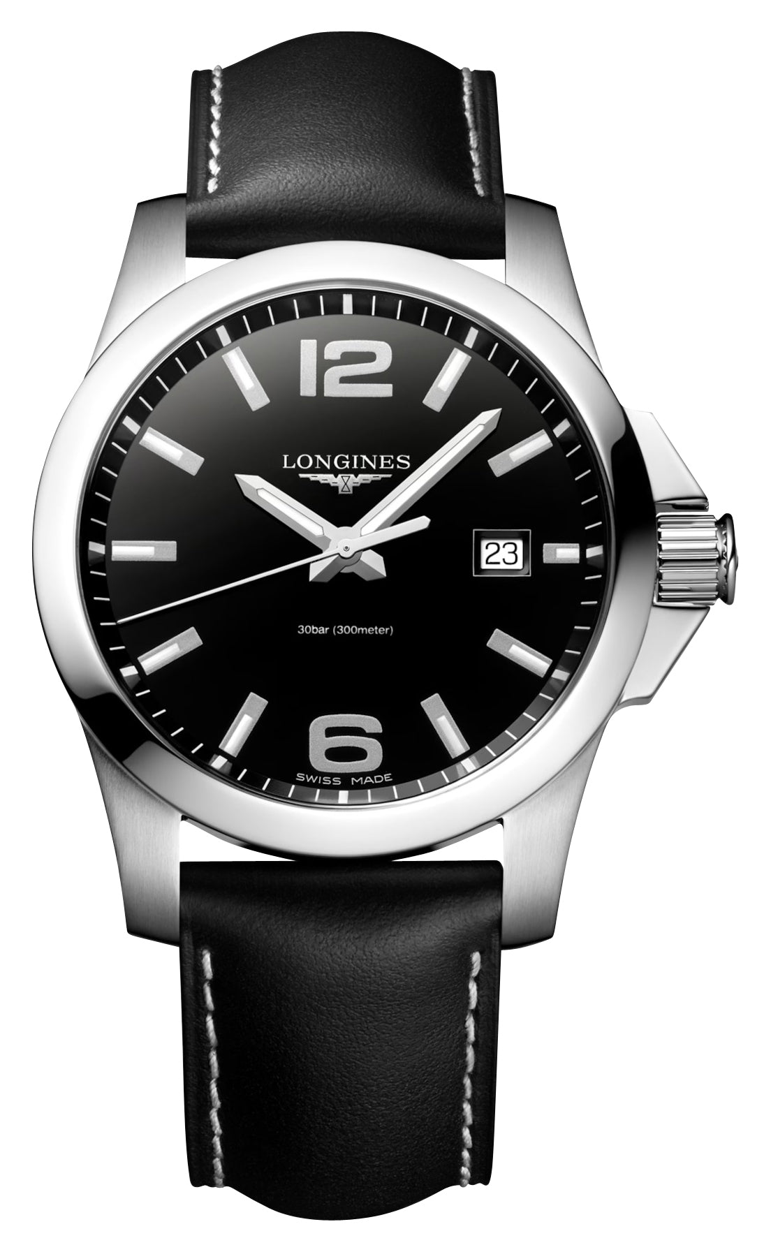 Longines Conquest Stainless Steel Black Dial Black Leather Strap Date Divers Quartz Mens Watch L3.760.4.56.3 wholesalehk.shop