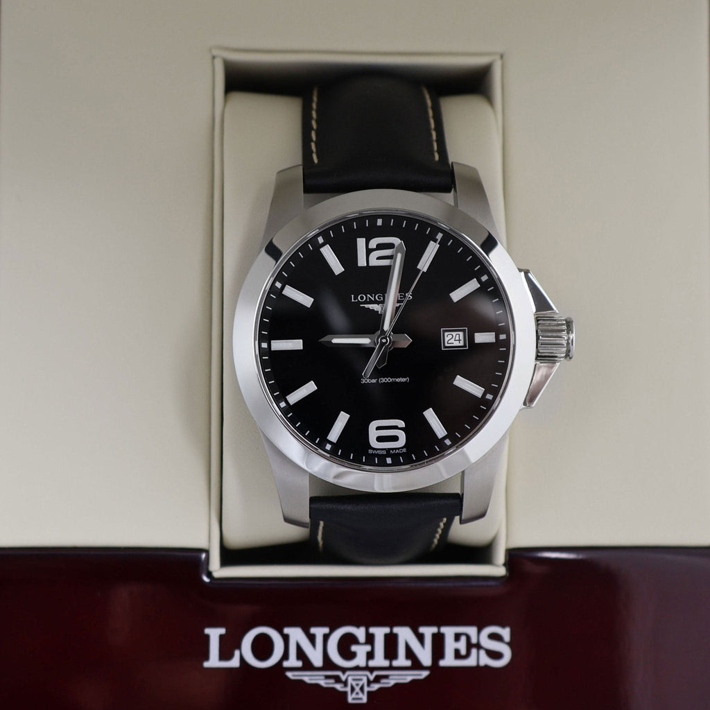 Longines Conquest Stainless Steel Black Dial Black Leather Strap Date Divers Quartz Mens Watch L3.760.4.56.3 wholesalehk.shop