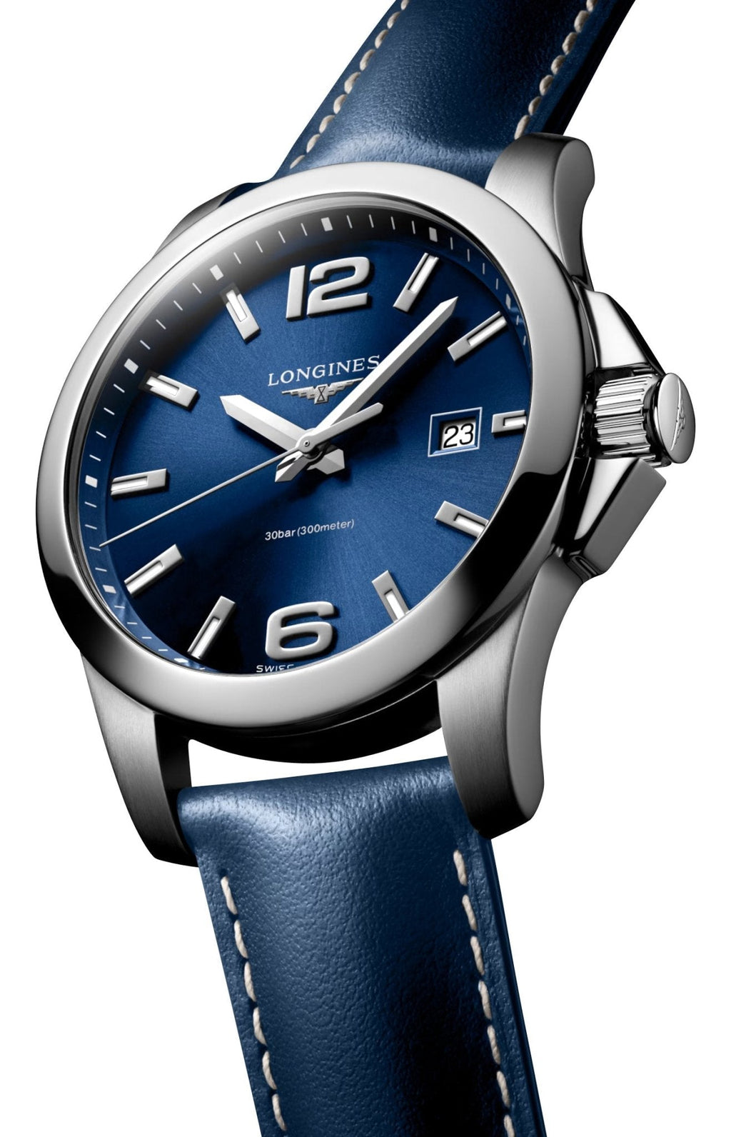 Longines Conquest Stainless Steel Blue Dial Blue Leather Strap Date Divers Quartz Mens Watch L3.759.4.96.0 wholesalehk.shop