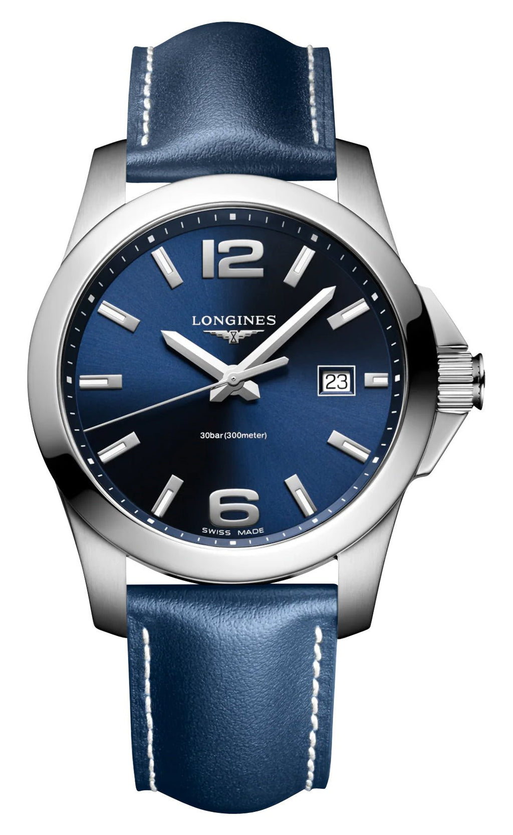 Longines Conquest Stainless Steel Blue Dial Blue Leather Strap Date Divers Quartz Mens Watch L3.759.4.96.0 wholesalehk.shop