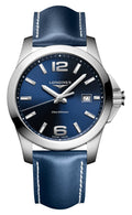 Longines Conquest Stainless Steel Blue Dial Blue Leather Strap Date Divers Quartz Mens Watch L3.759.4.96.0 wholesalehk.shop