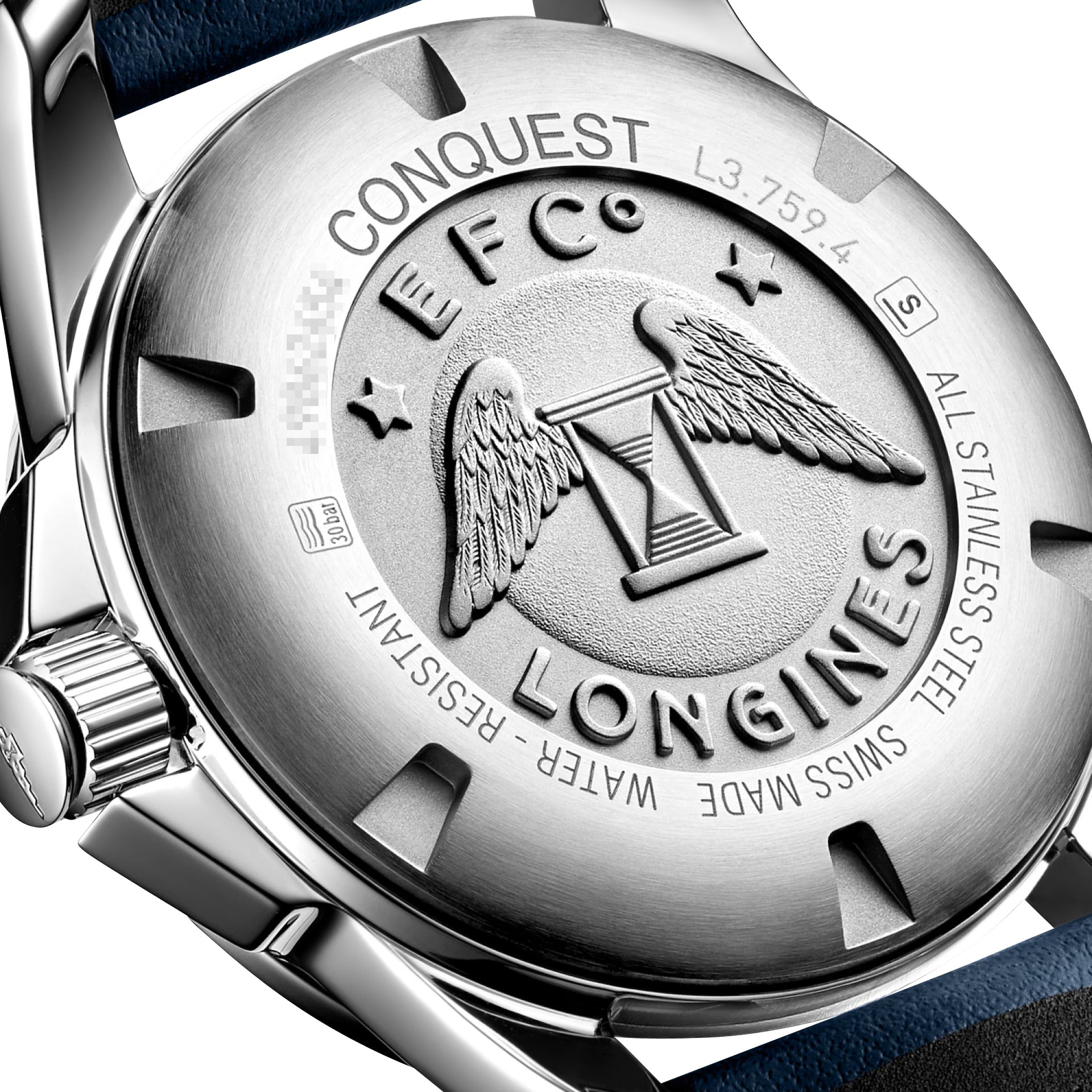 Longines Conquest Stainless Steel Blue Dial Blue Leather Strap Date Divers Quartz Mens Watch L3.759.4.96.0 wholesalehk.shop
