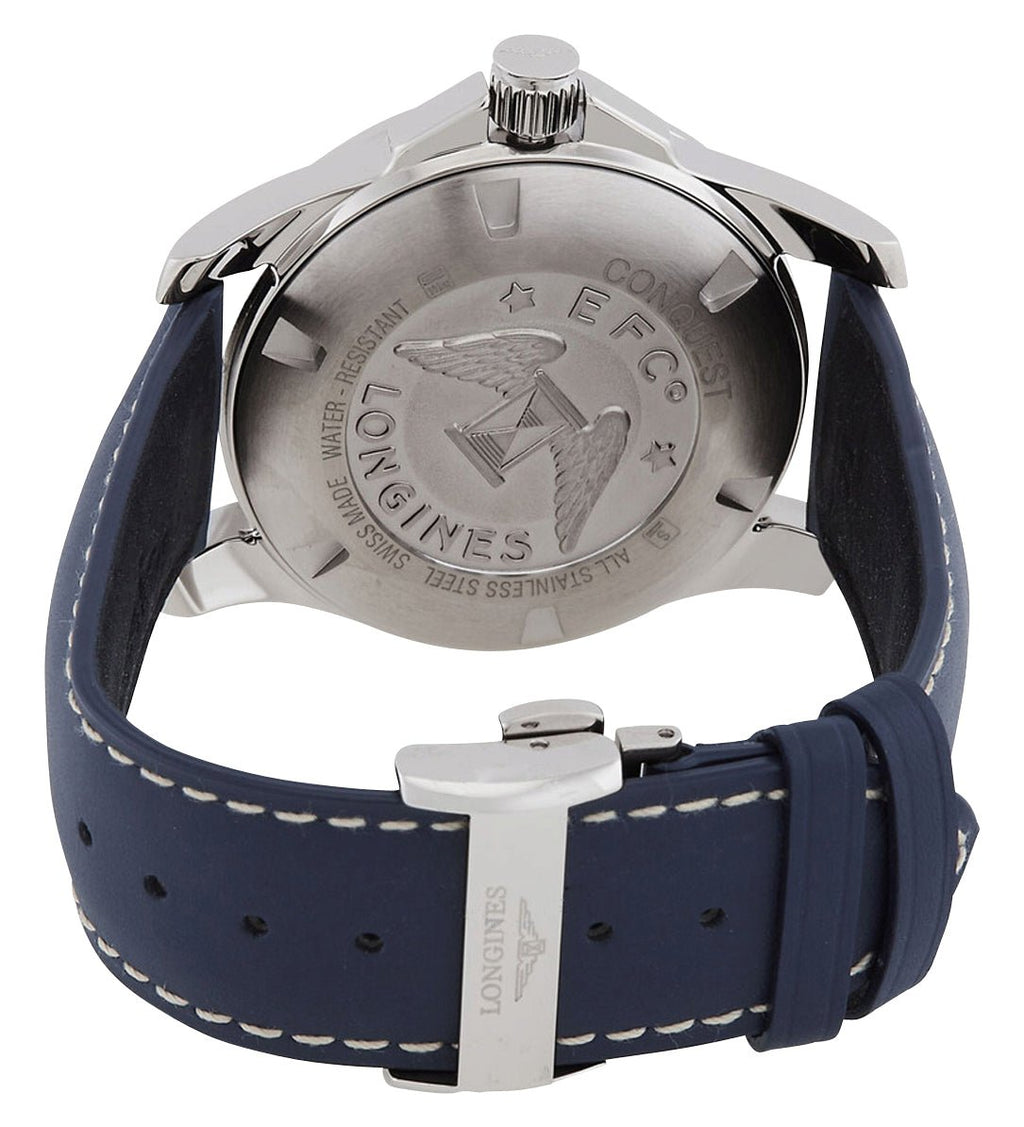 Longines Conquest Stainless Steel Blue Dial Blue Leather Strap Date Divers Quartz Mens Watch L3.759.4.96.0 wholesalehk.shop