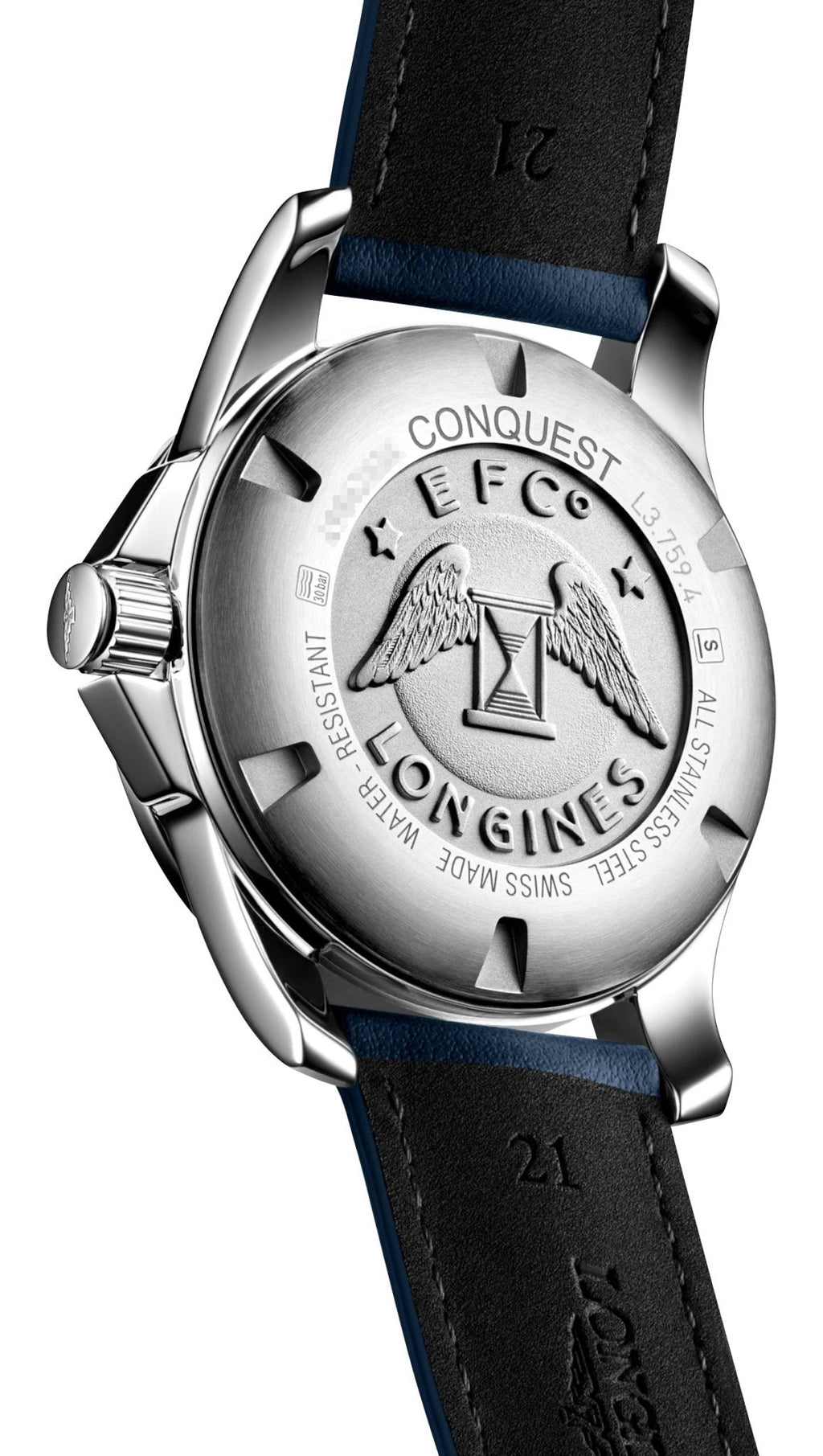 Longines Conquest Stainless Steel Blue Dial Blue Leather Strap Date Divers Quartz Mens Watch L3.759.4.96.0 wholesalehk.shop