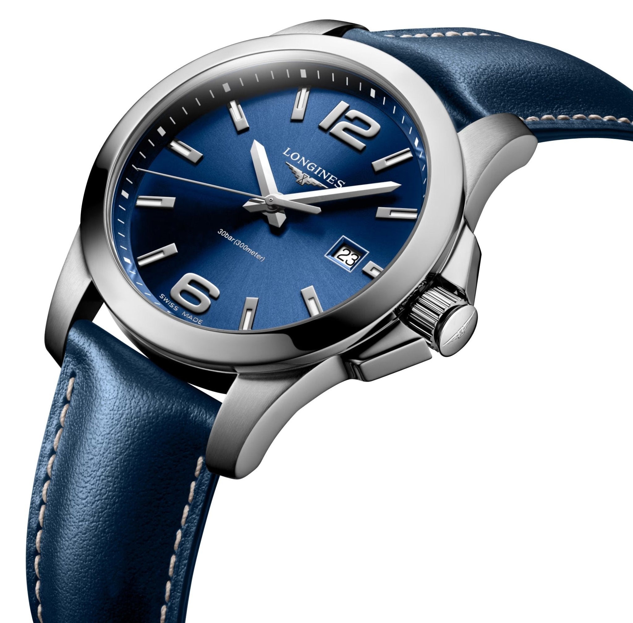 Longines Conquest Stainless Steel Blue Dial Blue Leather Strap Date Divers Quartz Mens Watch L3.759.4.96.0 wholesalehk.shop