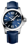 Longines Conquest Stainless Steel Blue Dial Blue Leather Strap Date Divers Quartz Mens Watch L3.760.4.96.0 wholesalehk.shop