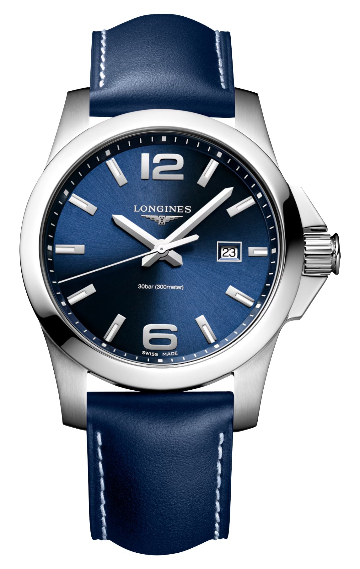 Longines Conquest Stainless Steel Blue Dial Blue Leather Strap Date Divers Quartz Mens Watch L3.760.4.96.0 wholesalehk.shop