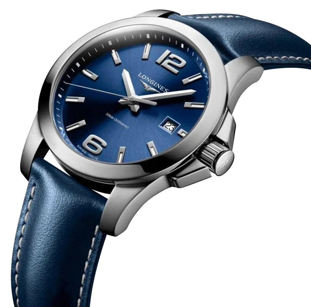 Longines Conquest Stainless Steel Blue Dial Blue Leather Strap Date Divers Quartz Mens Watch L3.760.4.96.0 wholesalehk.shop