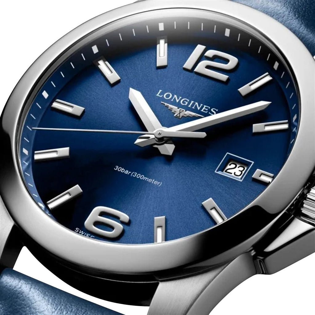 Longines Conquest Stainless Steel Blue Dial Blue Leather Strap Date Divers Quartz Mens Watch L3.760.4.96.0 wholesalehk.shop