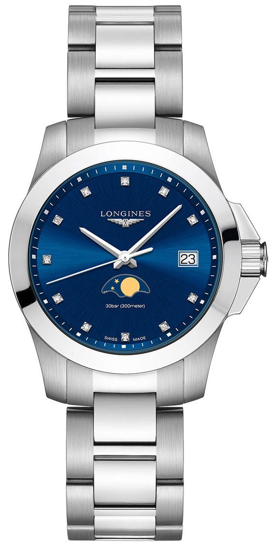 Longines Conquest Stainless Steel Blue Dial Diamonds Date Moonphase Quartz Womens Watch L3.381.4.97.6 wholesalehk.shop
