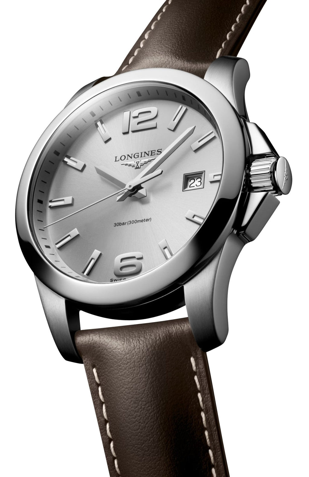 Longines Conquest Stainless Steel Silver Dial Brown Leather Strap Date Divers Quartz Mens Watch L3.759.4.76.5 wholesalehk.shop