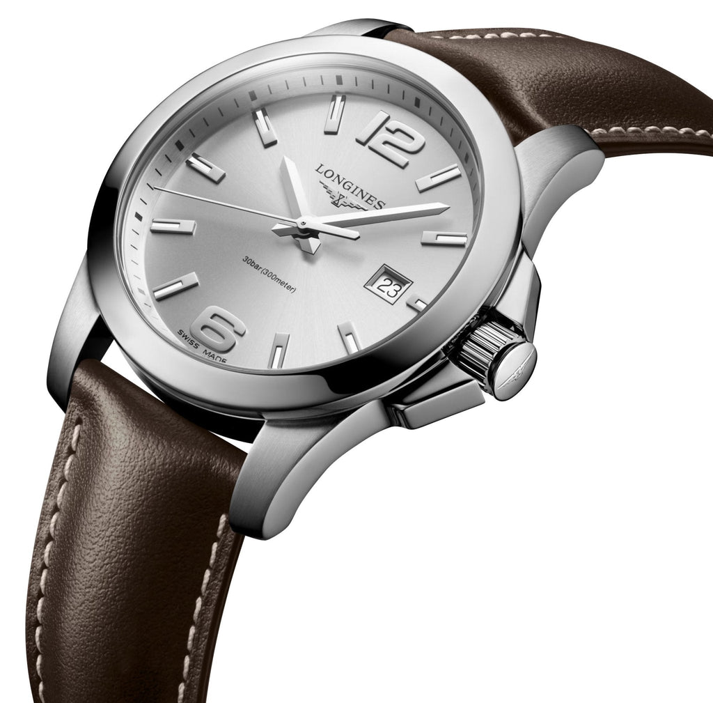Longines Conquest Stainless Steel Silver Dial Brown Leather Strap Date Divers Quartz Mens Watch L3.759.4.76.5 wholesalehk.shop