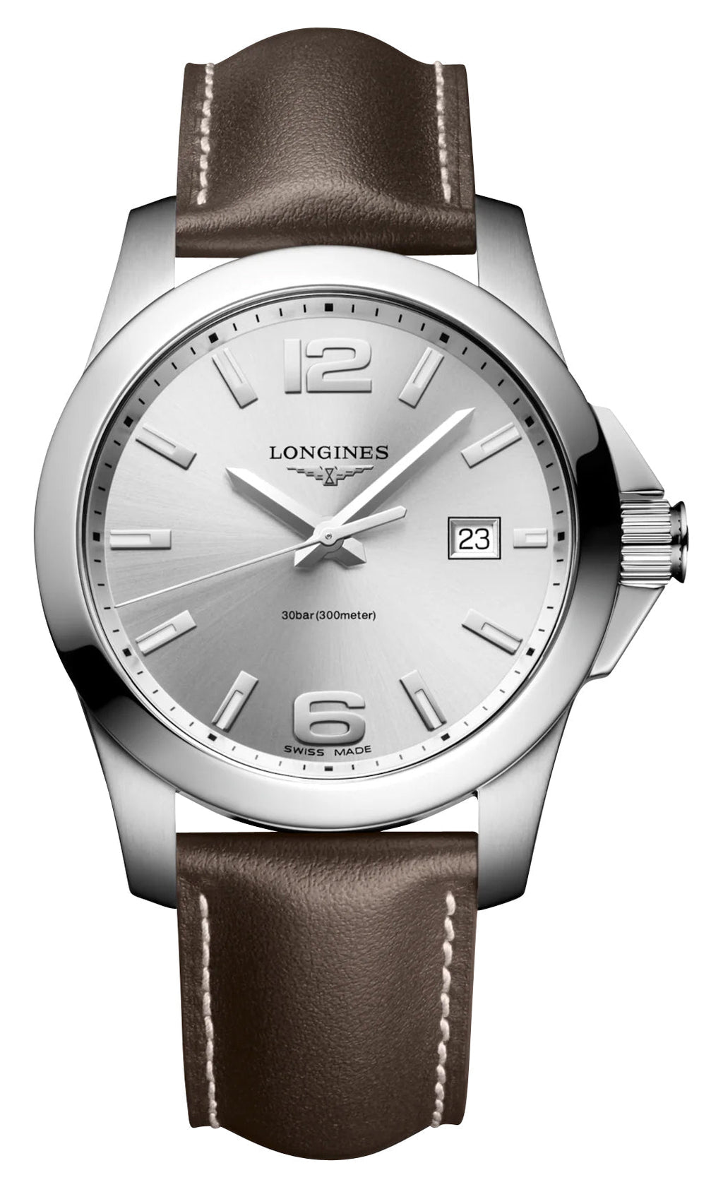 Longines Conquest Stainless Steel Silver Dial Brown Leather Strap Date Divers Quartz Mens Watch L3.759.4.76.5 wholesalehk.shop