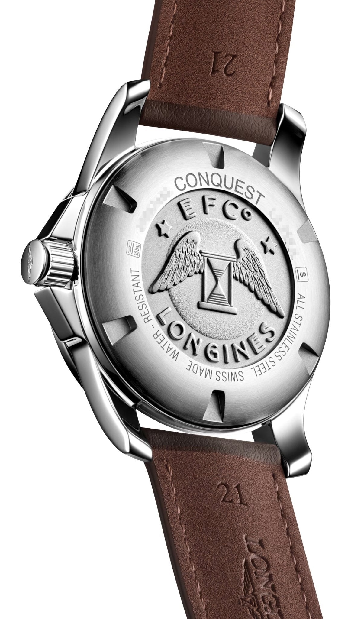 Longines Conquest Stainless Steel Silver Dial Brown Leather Strap Date Divers Quartz Mens Watch L3.759.4.76.5 wholesalehk.shop