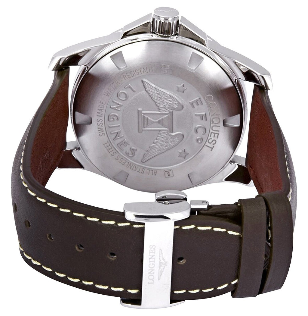 Longines Conquest Stainless Steel Silver Dial Brown Leather Strap Date Divers Quartz Mens Watch L3.759.4.76.5 wholesalehk.shop