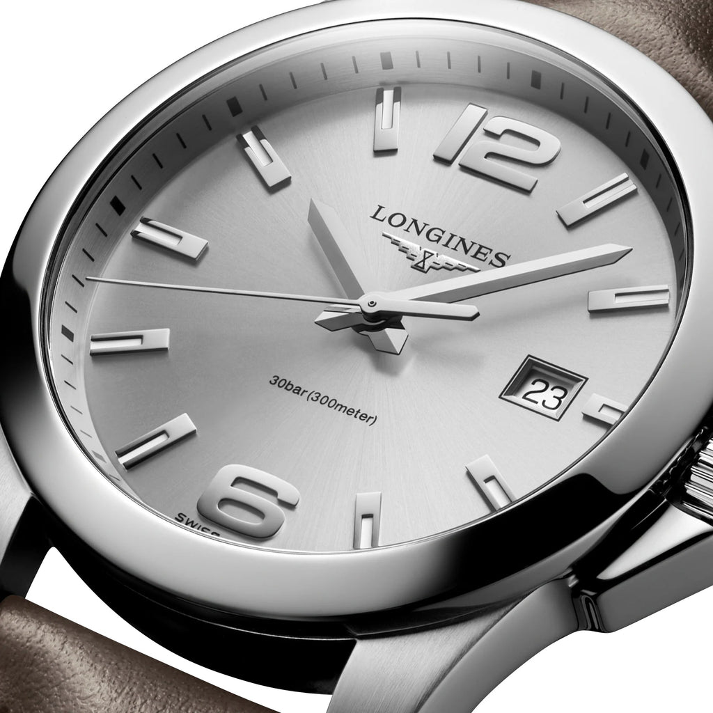 Longines Conquest Stainless Steel Silver Dial Brown Leather Strap Date Divers Quartz Mens Watch L3.759.4.76.5 wholesalehk.shop