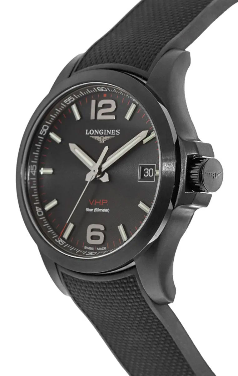 Longines Conquest V.H.P. Black PVD Black Dial Black Rubber Strap Perpetual Calendar Date Quartz Mens Watch L3.716.2.56.9 wholesalehk.shop