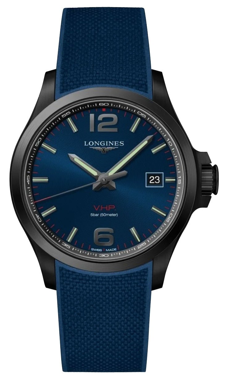 Longines Conquest V.H.P. Black PVD Blue Dial Blue Rubber Strap Perpetual Calendar Date Quartz Mens Watch L3.726.2.96.9 wholesalehk.shop