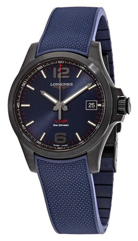 Longines Conquest V.H.P. Black PVD Blue Rubber Strap Blue Dial Perpetual Calendar Date Quartz Mens Watch L3.716.2.96.9 wholesalehk.shop