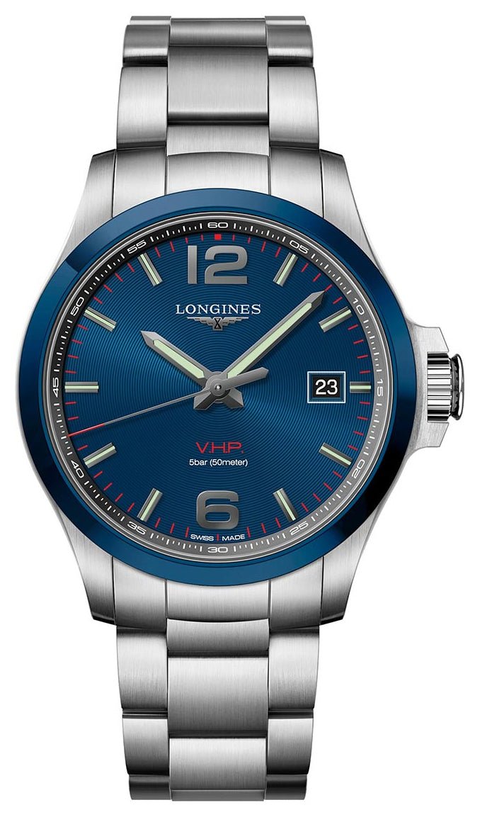 Longines Conquest V.H.P. Ceramic & Stainless Steel Blue Dial Perpetual Calendar Date Quartz Mens Watch L3.729.4.96.6 wholesalehk.shop