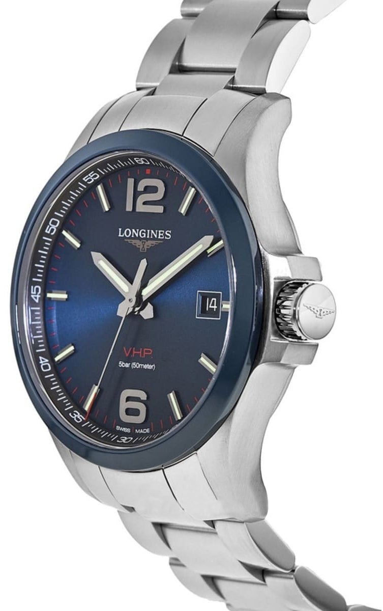 Longines Conquest V.H.P. Ceramic & Stainless Steel Blue Dial Perpetual Calendar Date Quartz Mens Watch L3.729.4.96.6 wholesalehk.shop