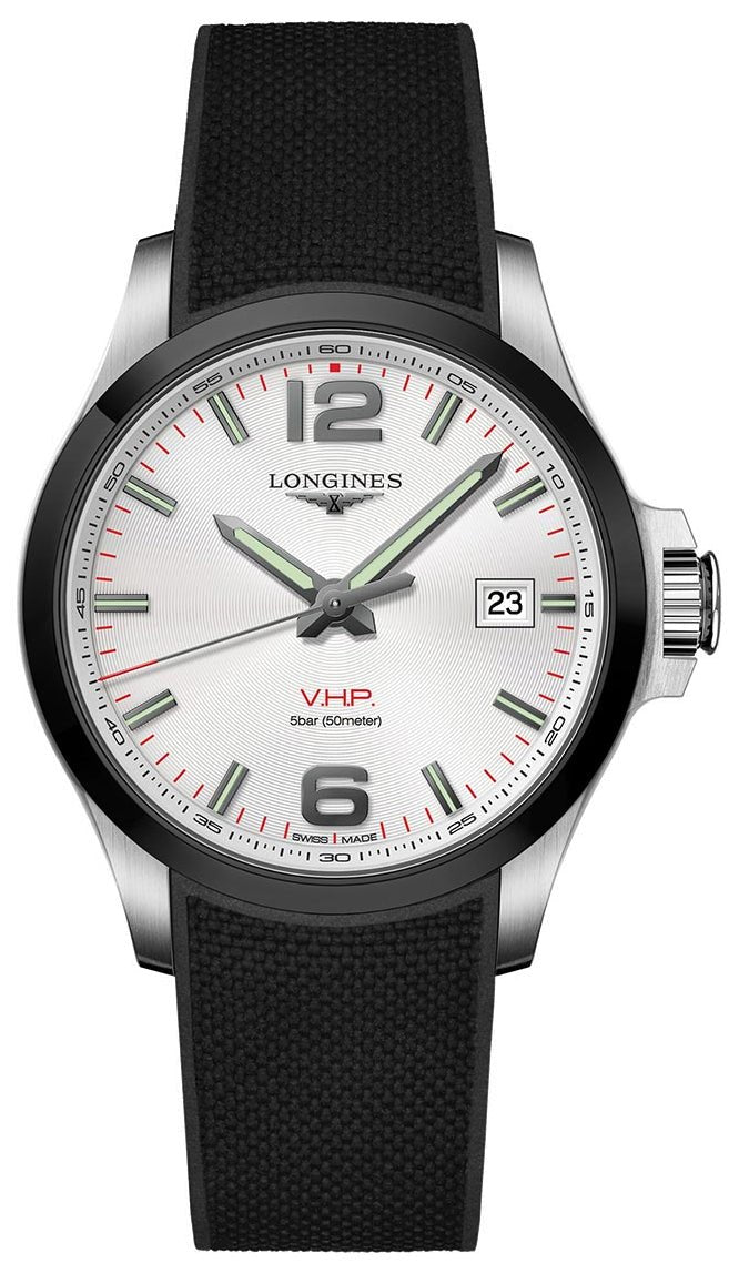 Longines Conquest V.H.P. Ceramic & Stainless Steel Silver Dial Black Rubber Strap Perpetual Calendar Date Quartz Mens Watch L3.729.4.76.9 wholesalehk.shop