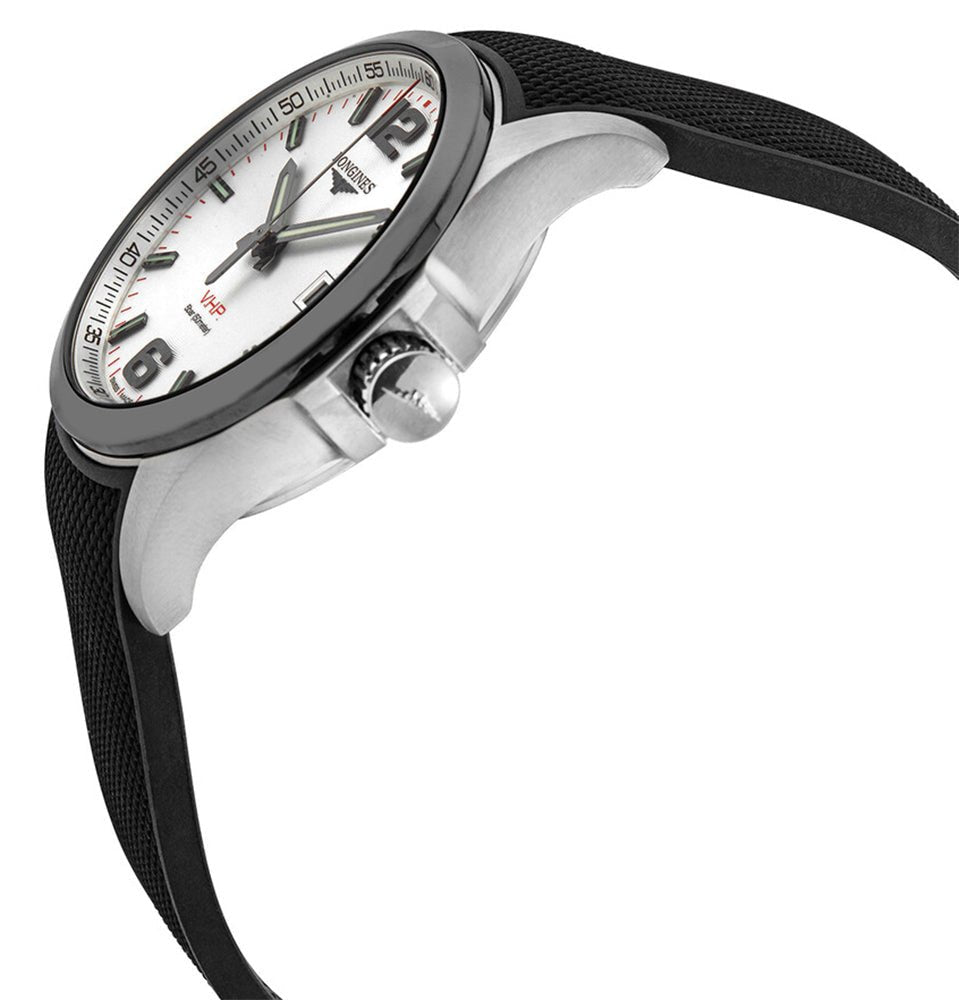 Longines Conquest V.H.P. Ceramic & Stainless Steel Silver Dial Black Rubber Strap Perpetual Calendar Date Quartz Mens Watch L3.729.4.76.9 wholesalehk.shop