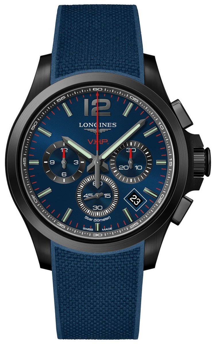 Longines Conquest V.H.P. Chronograph Black PVD Blue Rubber Strap Blue Dial Perpetual Calendar Date Quartz Mens Watch L3.717.2.96.9 wholesalehk.shop