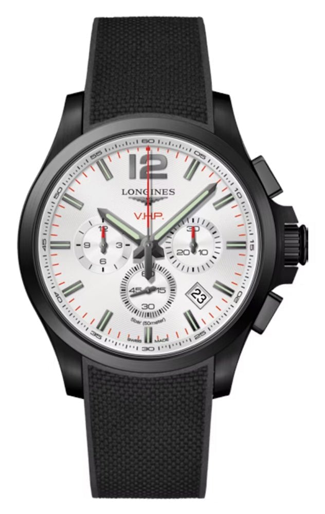 Longines Conquest V.H.P. Chronograph Black PVD Silver Dial Black Rubber Strap Perpetual Calendar Date Quartz Mens Watch L3.727.2.76.9 wholesalehk.shop