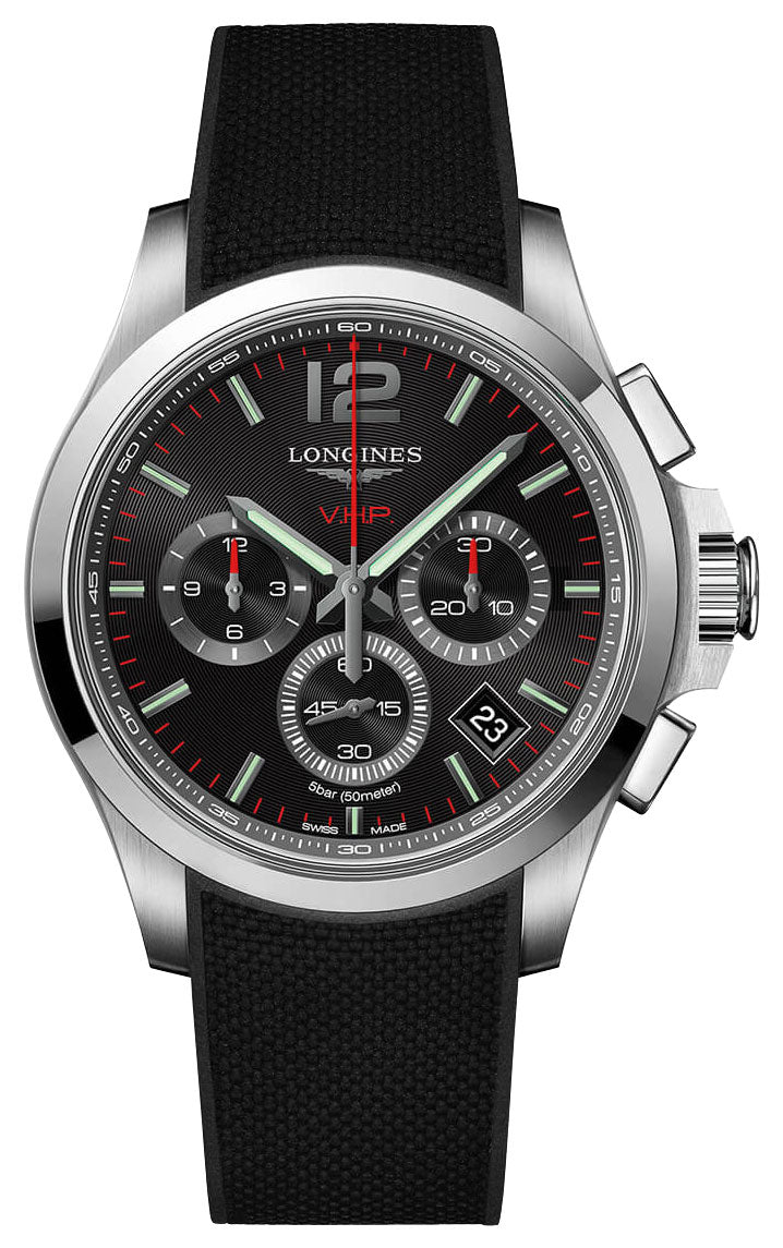 Longines Conquest V.H.P. Chronograph Stainless Steel Black Dial Black Rubber Strap Perpetual Calendar Date Quartz Mens Watch L3.717.4.56.9 wholesalehk.shop