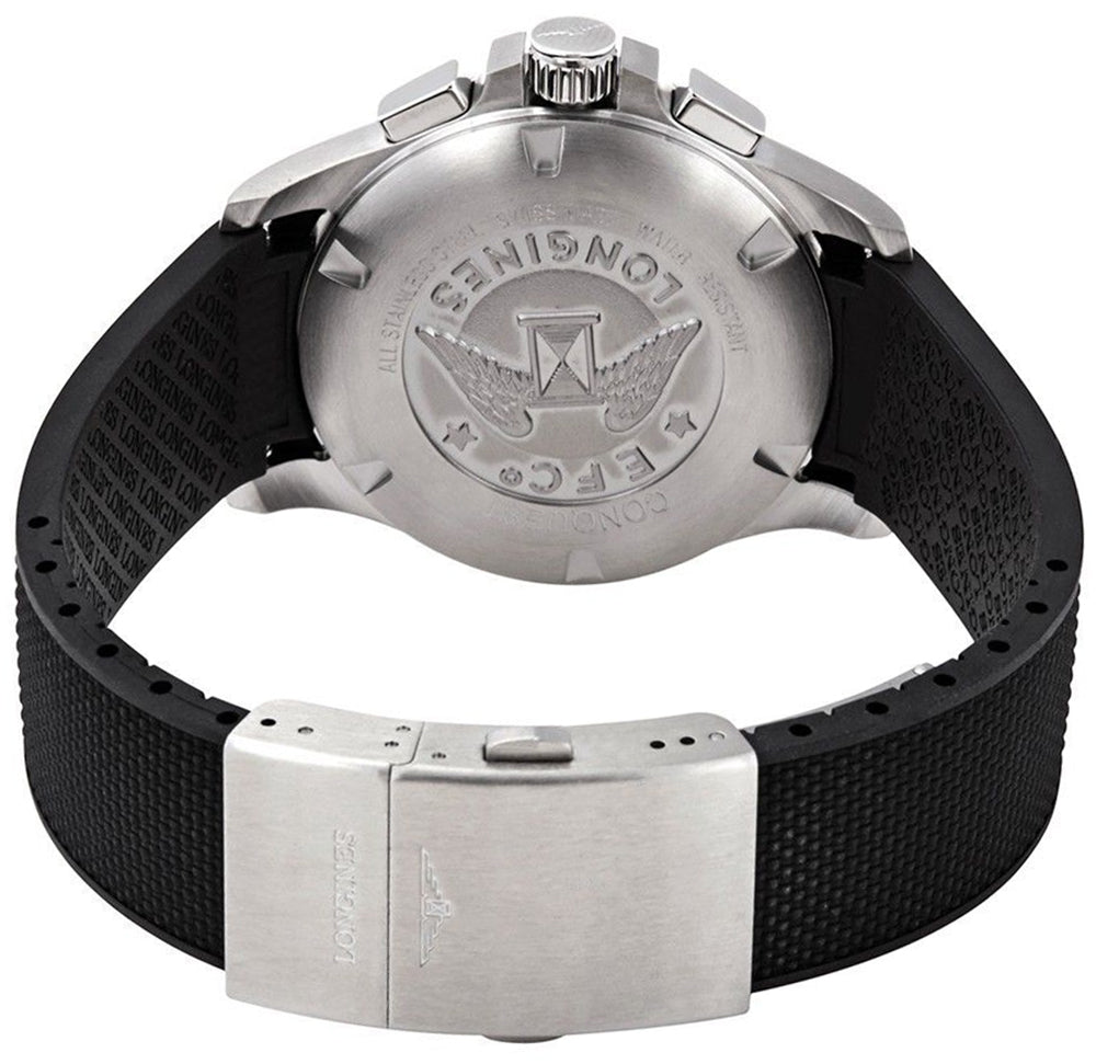 Longines Conquest V.H.P. Chronograph Stainless Steel Black Dial Black Rubber Strap Perpetual Calendar Date Quartz Mens Watch L3.717.4.66.9 wholesalehk.shop