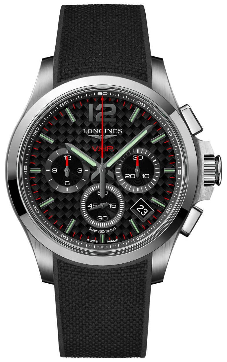 Longines Conquest V.H.P. Chronograph Stainless Steel Black Dial Black Rubber Strap Perpetual Calendar Date Quartz Mens Watch L3.717.4.66.9 wholesalehk.shop