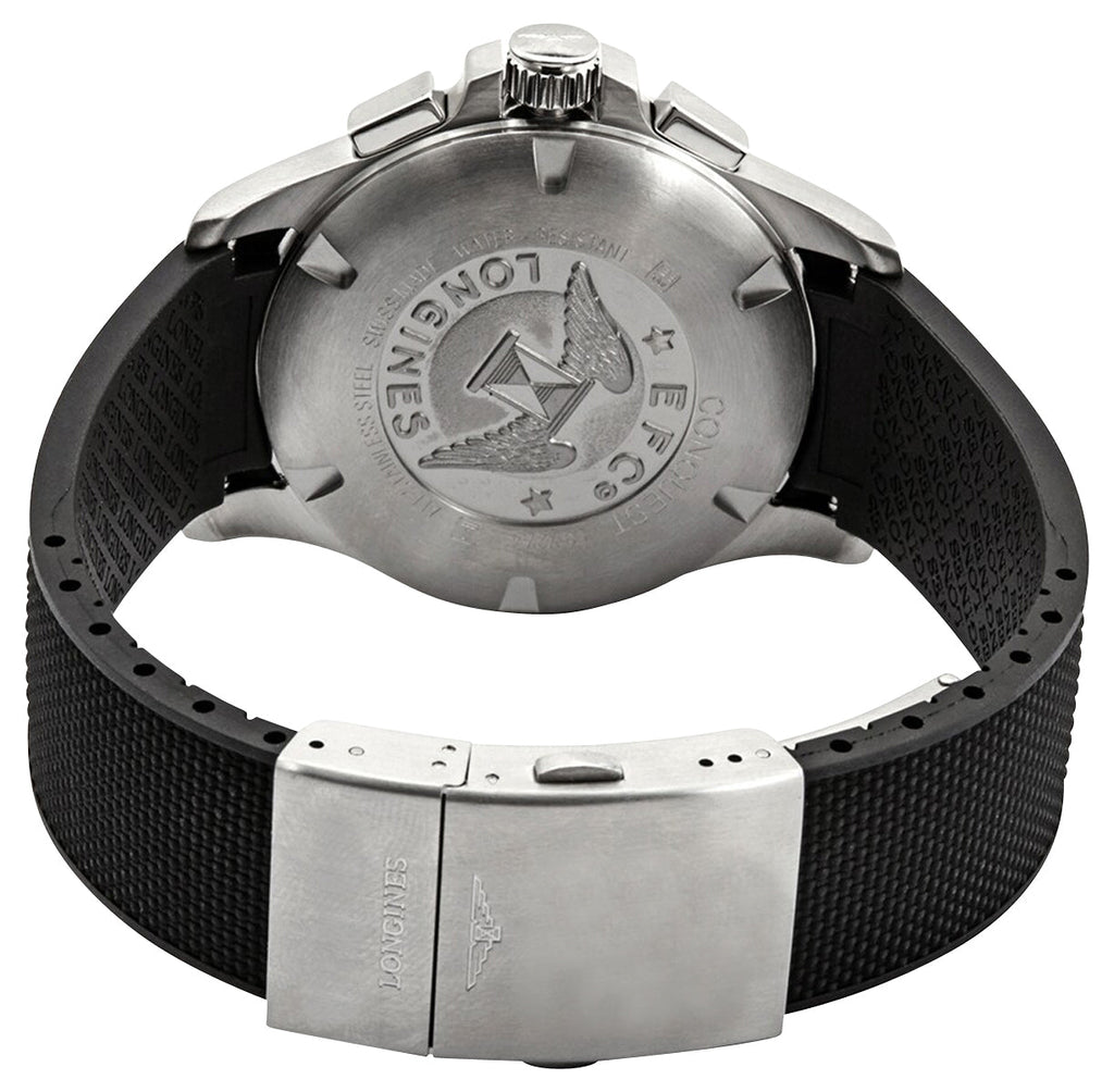 Longines Conquest V.H.P. Chronograph Stainless Steel Black Dial Black Rubber Strap Perpetual Calendar Date Quartz Mens Watch L3.727.4.56.9 wholesalehk.shop