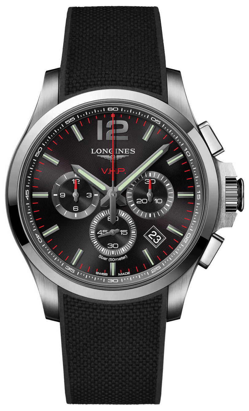 Longines Conquest V.H.P. Chronograph Stainless Steel Black Dial Black Rubber Strap Perpetual Calendar Date Quartz Mens Watch L3.727.4.56.9 wholesalehk.shop