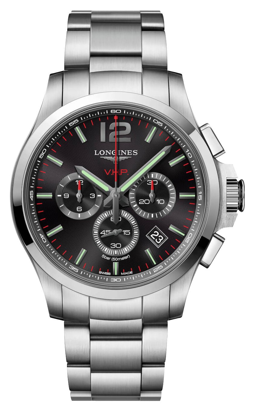 Longines Conquest V.H.P. Chronograph Stainless Steel Black Dial Perpetual Calendar Date Quartz Mens Watch L3.727.4.56.6 wholesalehk.shop