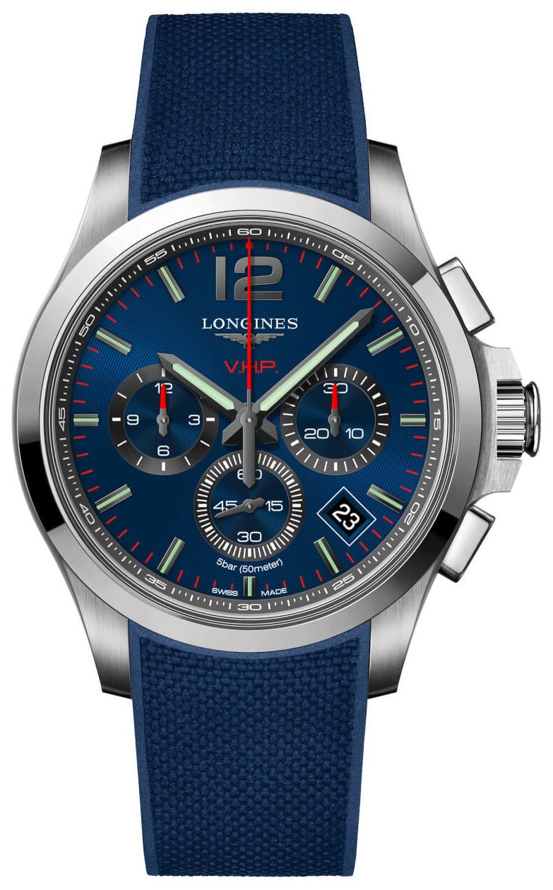 Longines Conquest V.H.P. Chronograph Stainless Steel Blue Dial Blue Rubber Strap Perpetual Calendar Date Quartz Mens Watch L3.717.4.96.9 wholesalehk.shop