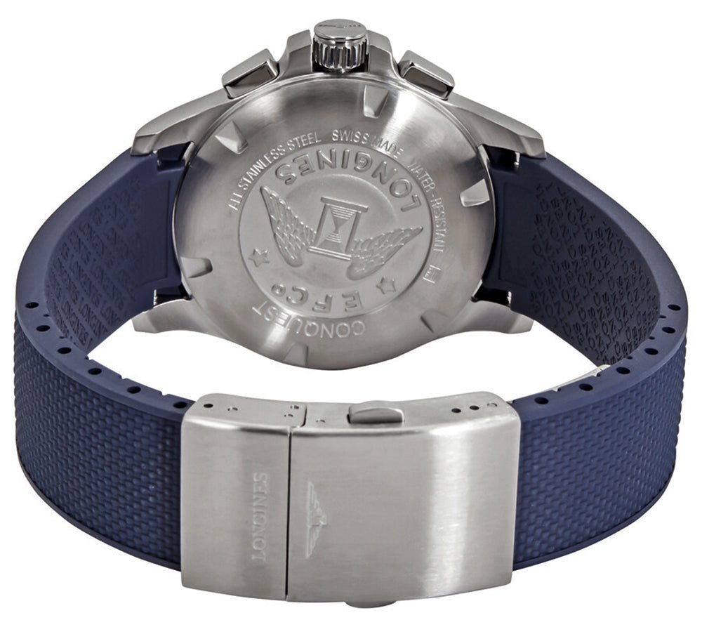 Longines Conquest V.H.P. Chronograph Stainless Steel Blue Dial Blue Rubber Strap Perpetual Calendar Date Quartz Mens Watch L3.717.4.96.9 wholesalehk.shop
