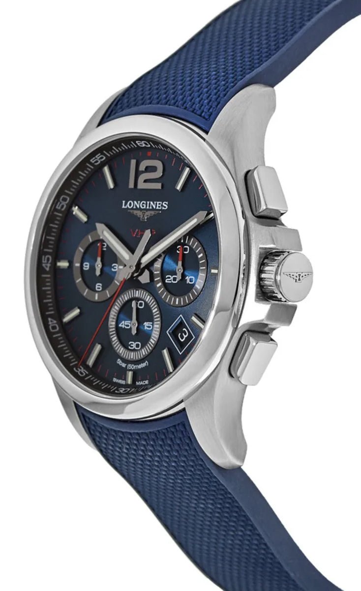 Longines Conquest V.H.P. Chronograph Stainless Steel Blue Dial Blue Rubber Strap Perpetual Calendar Date Quartz Mens Watch L3.717.4.96.9 wholesalehk.shop