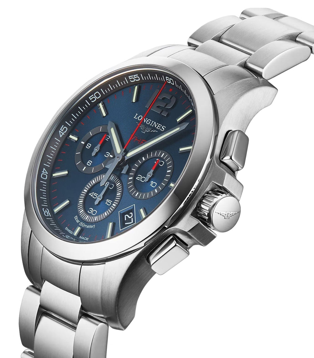 Longines Conquest V.H.P. Chronograph Stainless Steel Blue Dial Perpetual Calendar Date Quartz Mens Watch L3.717.4.96.6 wholesalehk.shop