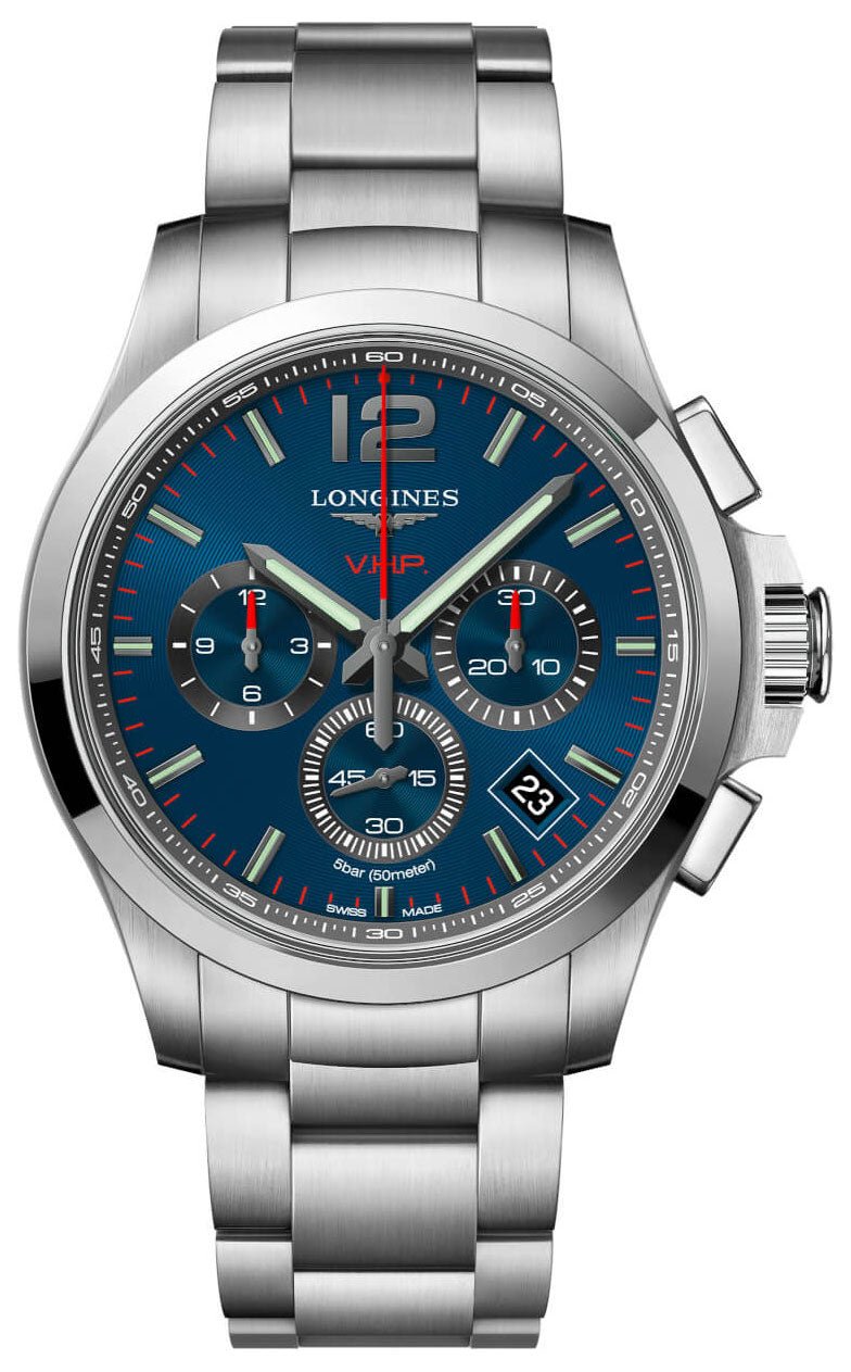 Longines Conquest V.H.P. Chronograph Stainless Steel Blue Dial Perpetual Calendar Date Quartz Mens Watch L3.717.4.96.6 wholesalehk.shop