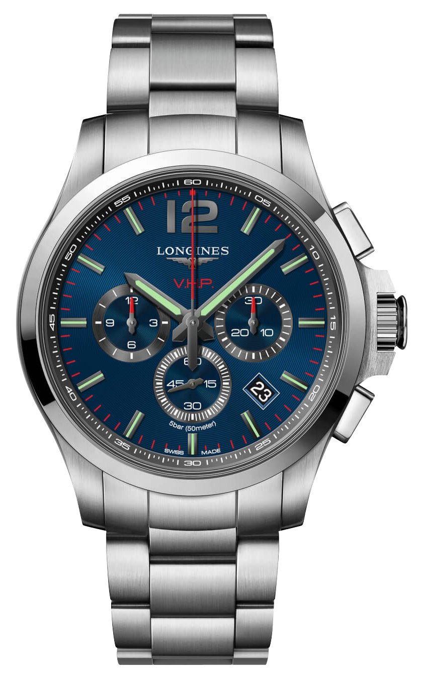 Longines Conquest V.H.P. Chronograph Stainless Steel Blue Dial Perpetual Calendar Date Quartz Mens Watch L3.727.4.96.6 wholesalehk.shop