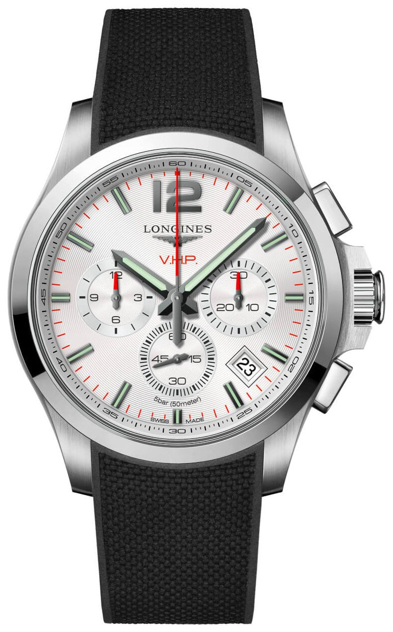 Longines Conquest V.H.P. Chronograph Stainless Steel Silver Dial Black Rubber Strap Perpetual Calendar Date Quartz Mens Watch L3.717.4.76.9 wholesalehk.shop