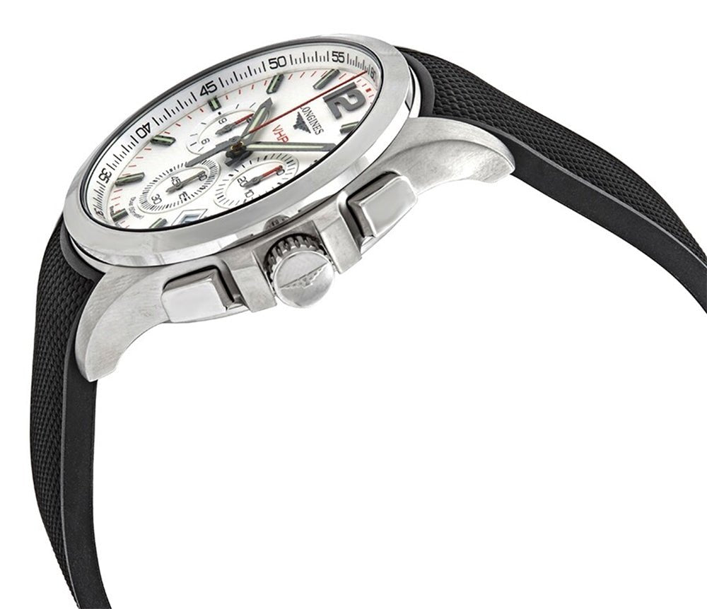 Longines Conquest V.H.P. Chronograph Stainless Steel Silver Dial Black Rubber Strap Perpetual Calendar Date Quartz Mens Watch L3.717.4.76.9 wholesalehk.shop