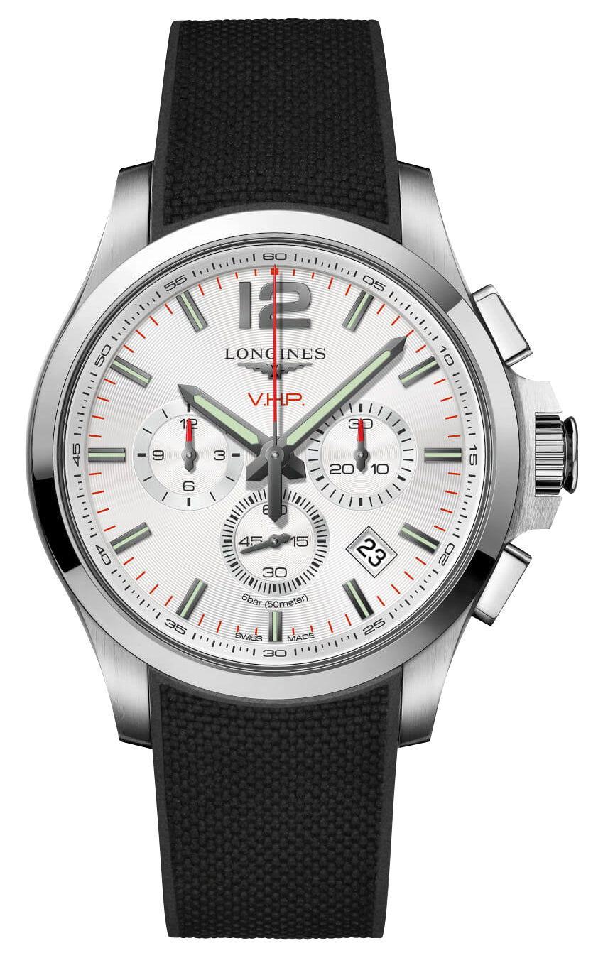 Longines Conquest V.H.P. Chronograph Stainless Steel Silver Dial Black Rubber Strap Perpetual Calendar Date Quartz Mens Watch L3.727.4.76.9 wholesalehk.shop