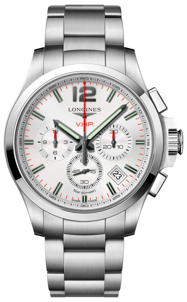 Longines Conquest V.H.P. Chronograph Stainless Steel Silver Dial Perpetual Calendar Date Quartz Mens Watch L3.717.4.76.6 wholesalehk.shop