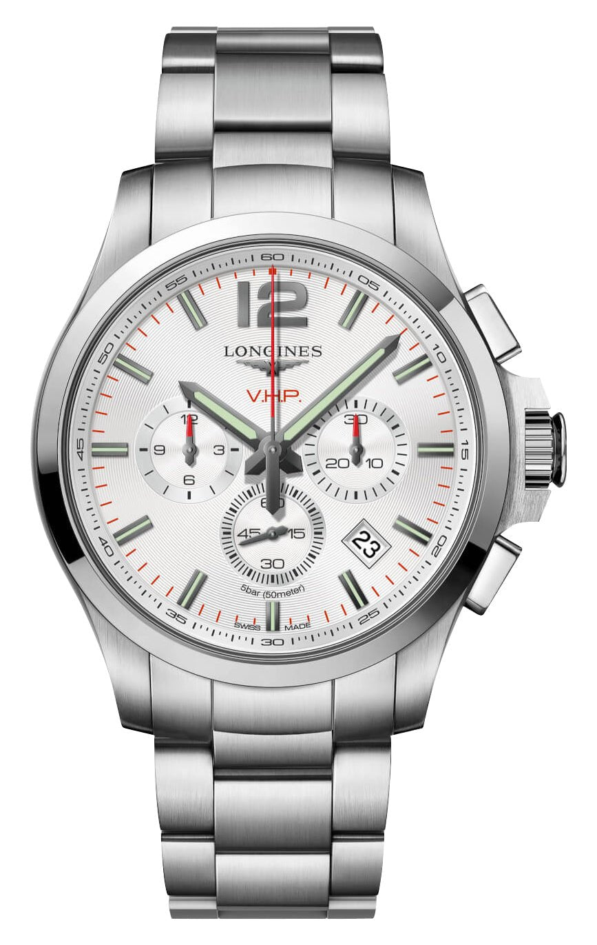 Longines Conquest V.H.P. Chronograph Stainless Steel Silver Dial Perpetual Calendar Date Quartz Mens Watch L3.727.4.76.6 wholesalehk.shop
