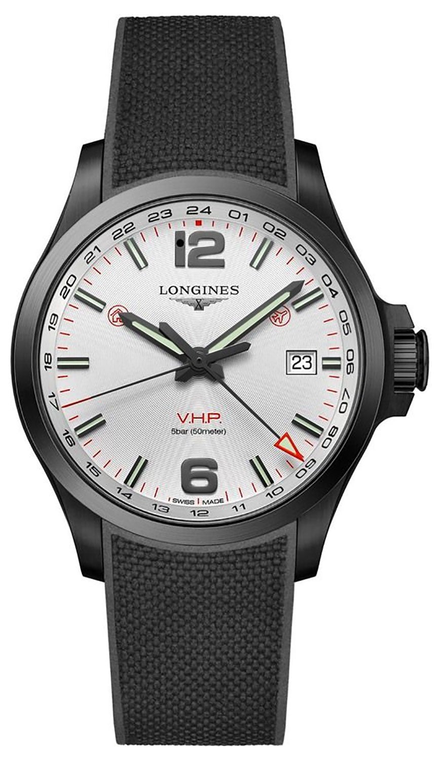 Longines Conquest V.H.P. GMT Black PVD Black Rubber Strap Silver Dial Perpetual Calendar Date Quartz Mens Watch L3.728.2.76.9 wholesalehk.shop