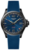 Longines Conquest V.H.P. GMT Black PVD Blue Rubber Strap Blue Dial Perpetual Calendar Date Quartz Mens Watch L3.718.2.96.9 wholesalehk.shop