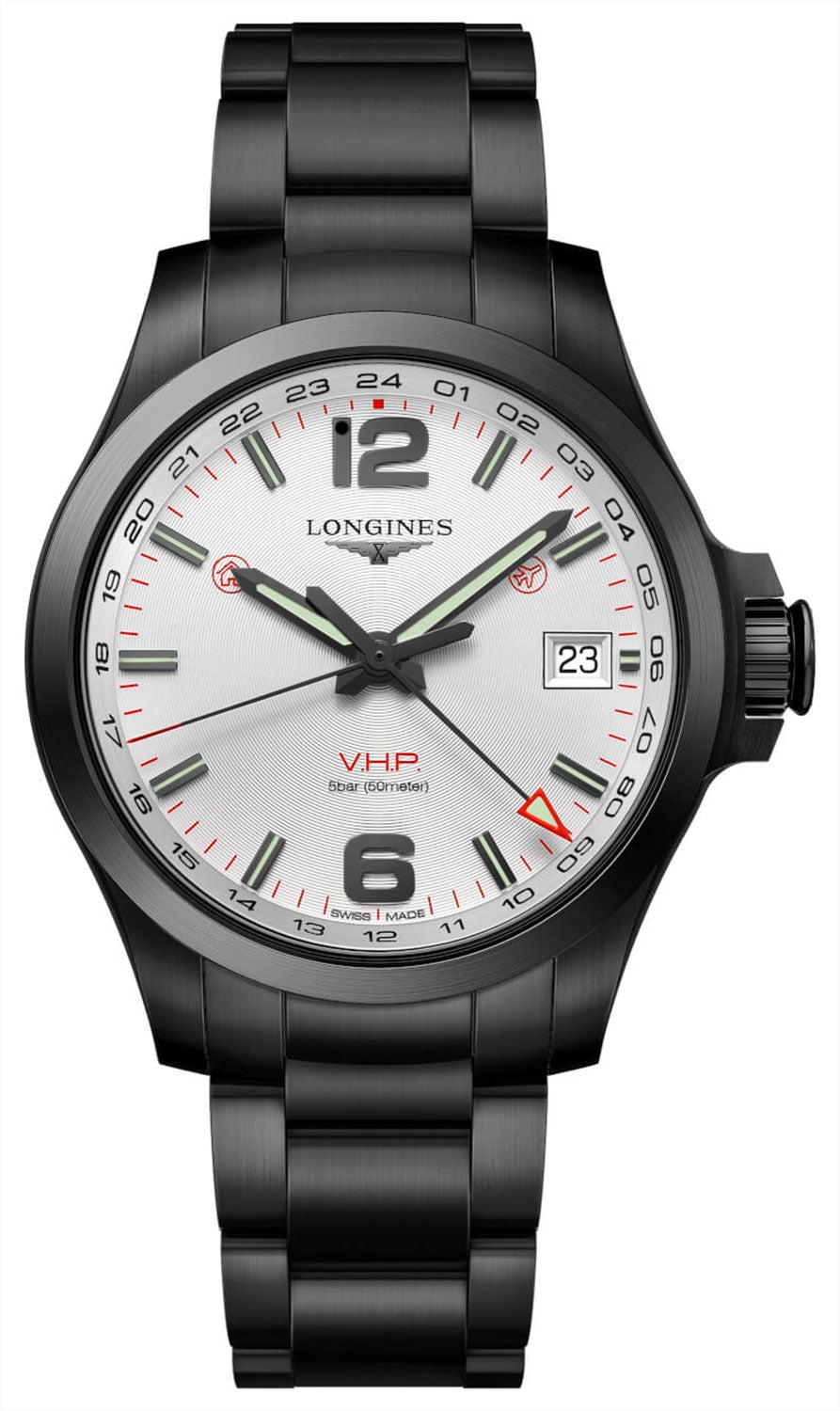 Longines Conquest V.H.P. GMT Black PVD Silver Dial Perpetual Calendar Date Quartz Mens Watch L3.718.2.76.6 wholesalehk.shop