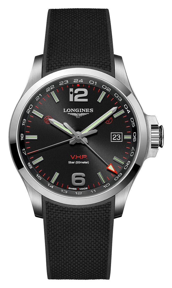 Longines Conquest V.H.P. GMT Stainless Steel Black Dial Black Rubber Strap Perpetual Calendar Date Quartz Mens Watch L3.728.4.56.9 wholesalehk.shop